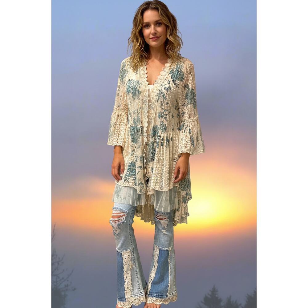 Origami Green Floral Lace Hi-Lo Cardigan Small